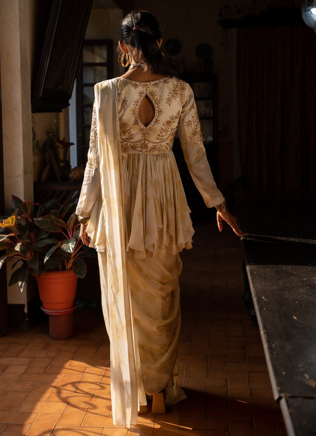Ivory Predraped Crepe Saree With Peplum Blouse Paulmi and Harsh - Fabilicious Fashion