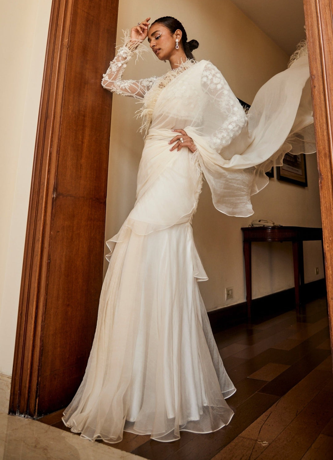 Ivory Predraped Organza Ruffle Saree With Feather Blouse Mani Bhatia - Fabilicious Fashion