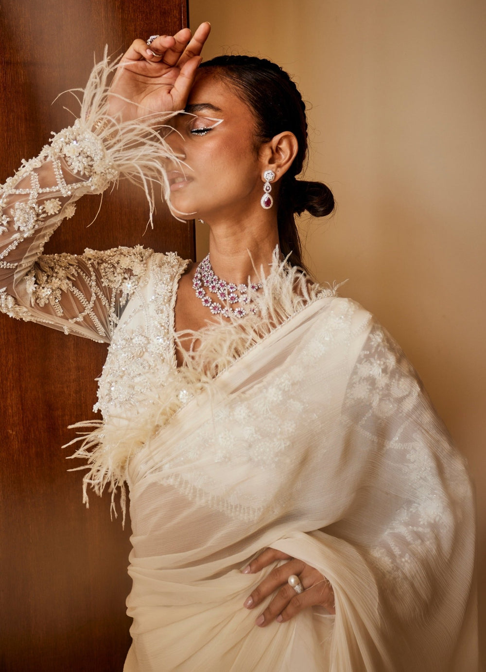 Ivory Predraped Organza Ruffle Saree With Feather Blouse Mani Bhatia - Fabilicious Fashion
