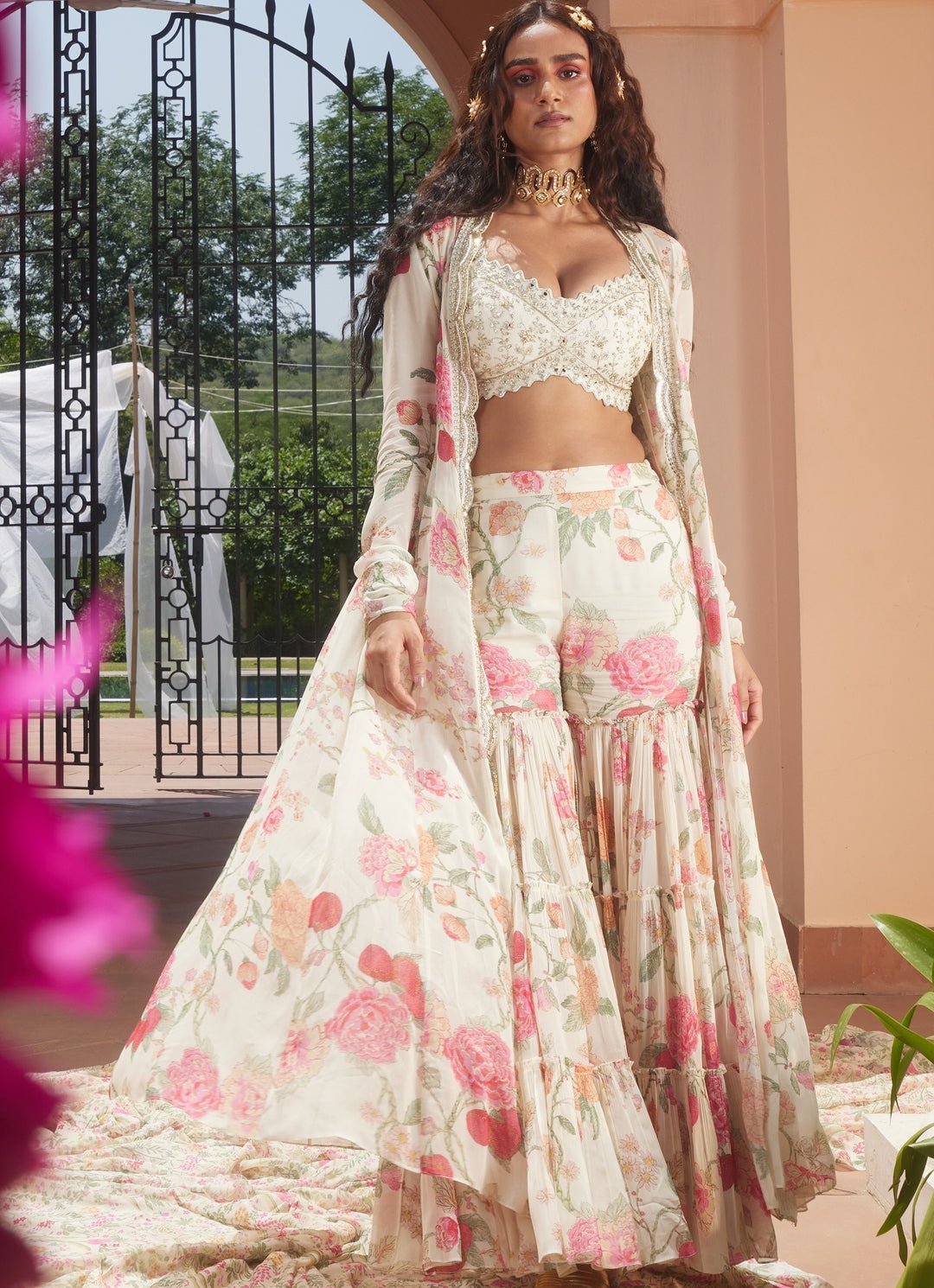 Ivory Printed Blouse Sharara Set With Jacket Paulmi and Harsh - Fabilicious Fashion