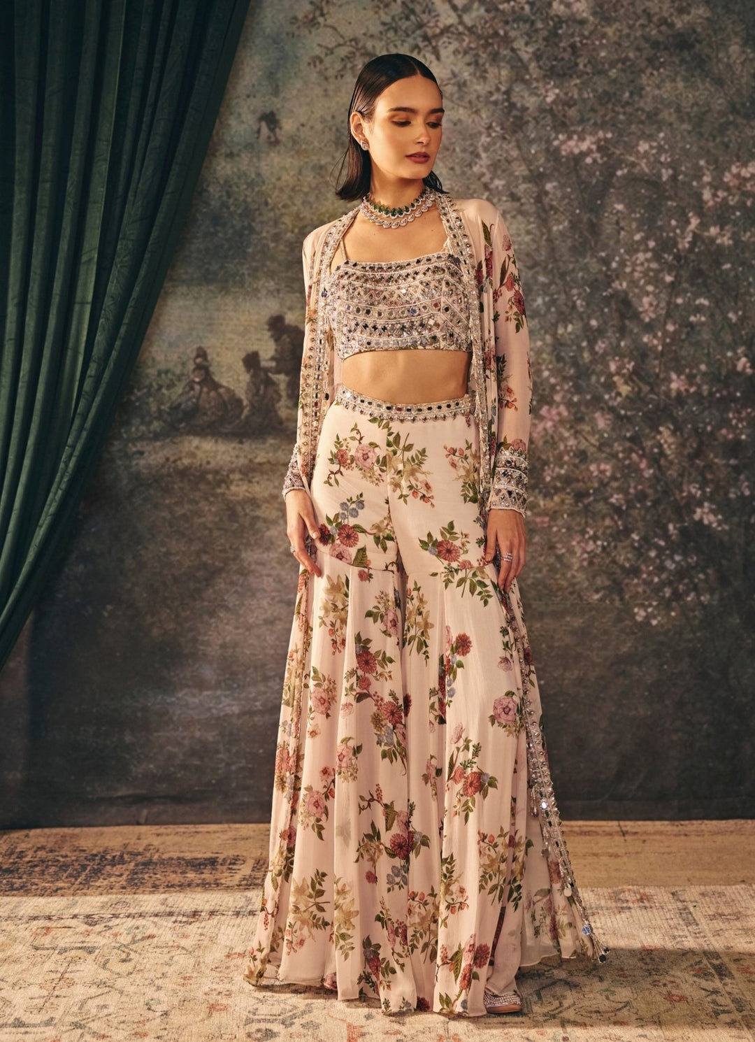Ivory Printed Chiffon Garara Set With Jacket Mani Bhatia - Fabilicious Fashion