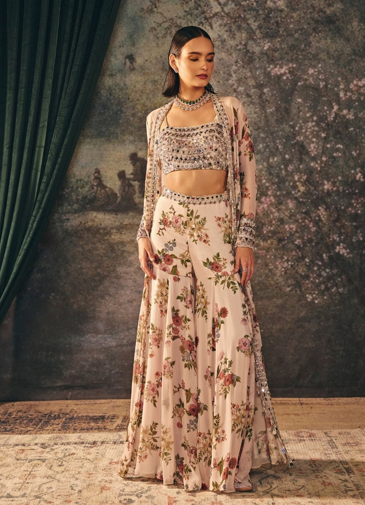 Ivory Printed Chiffon Garara Set With Jacket Mani Bhatia - Fabilicious Fashion