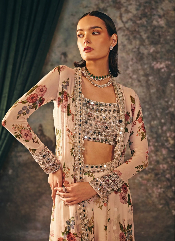 Ivory Printed Chiffon Garara Set With Jacket Mani Bhatia - Fabilicious Fashion