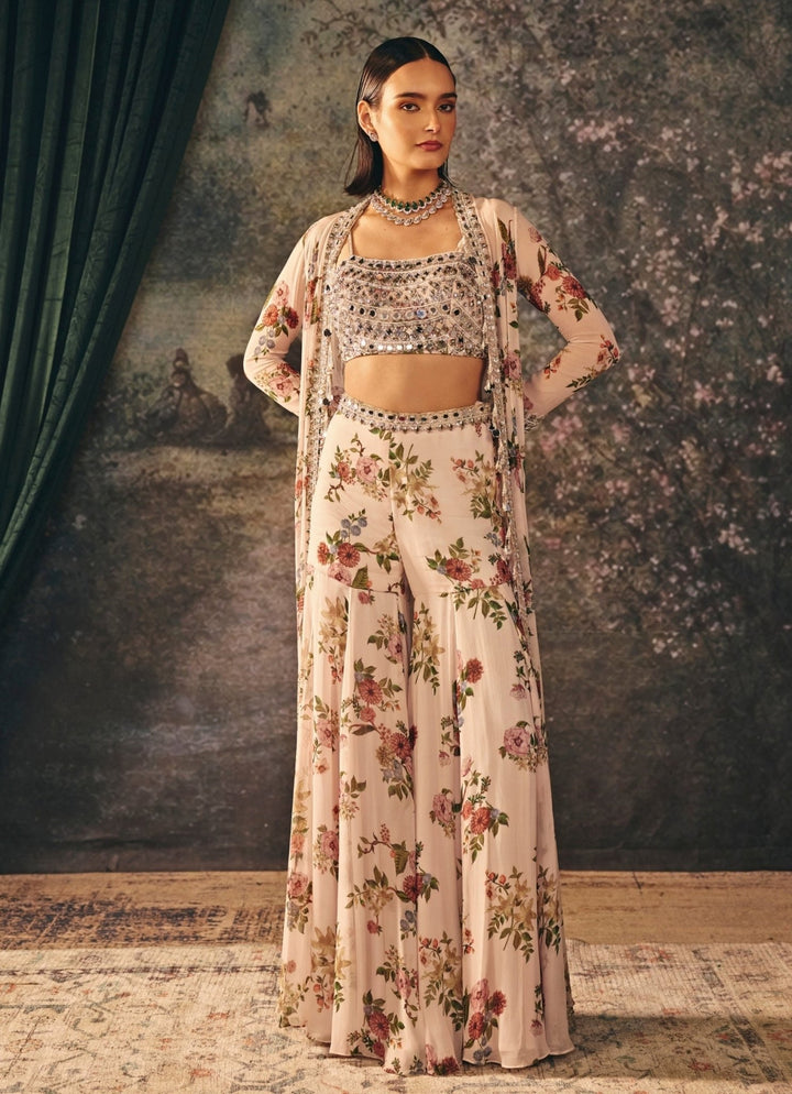 Ivory Printed Chiffon Garara Set With Jacket Mani Bhatia - Fabilicious Fashion