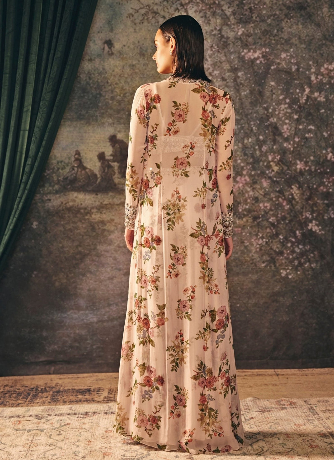 Ivory Printed Chiffon Garara Set With Jacket Mani Bhatia - Fabilicious Fashion