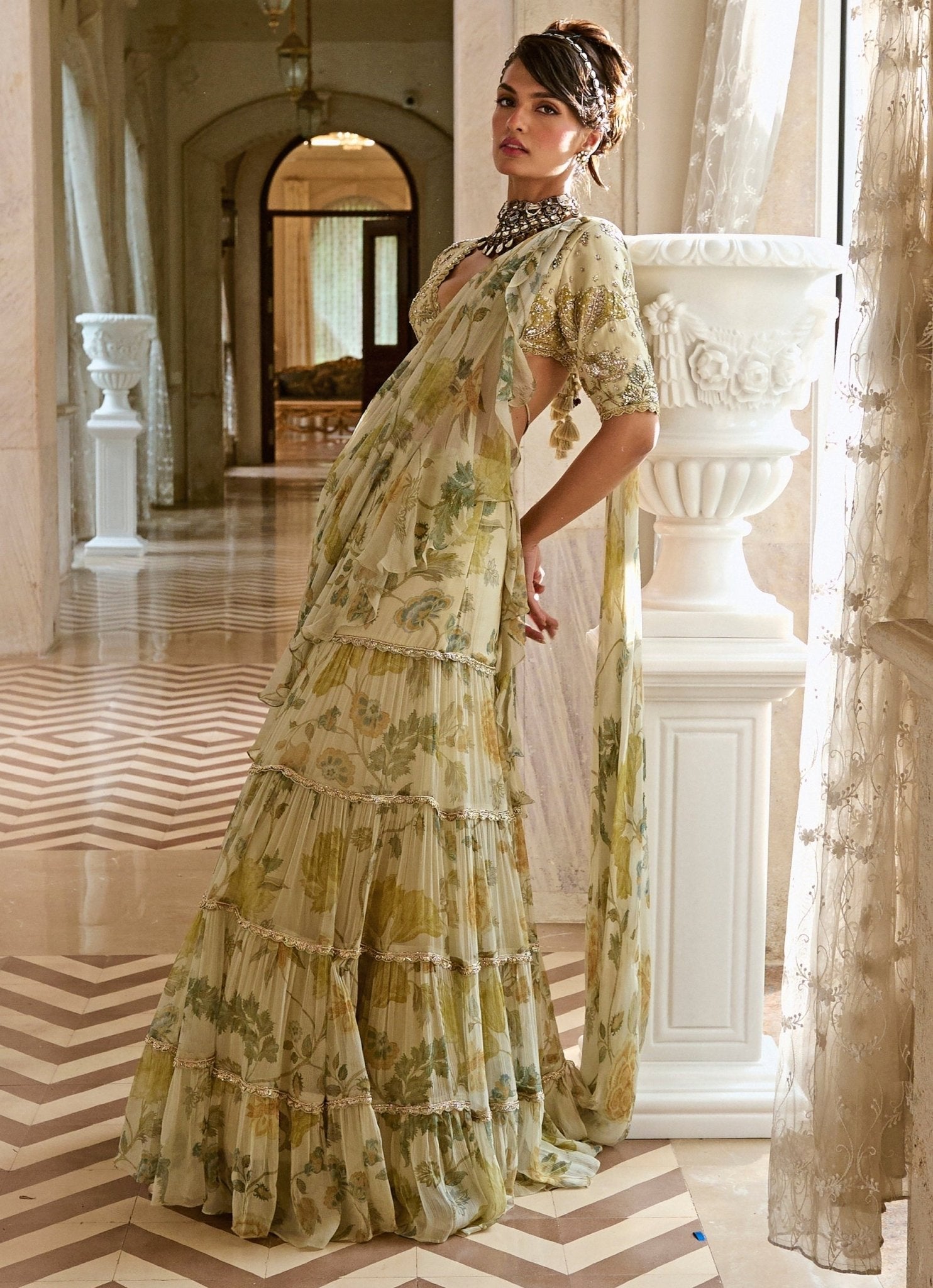 ivory printed chiffon pre draped ruffle saree for reception and party wear