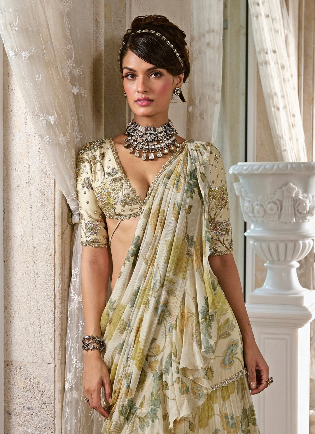 Ivory Printed Chiffon Pre - Draped Ruffle Saree Paulmi and Harsh - Fabilicious Fashion