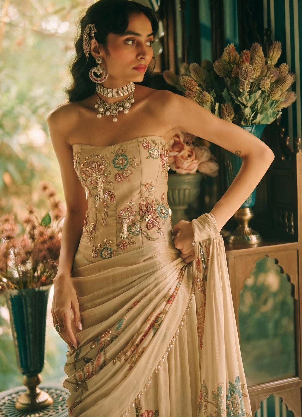 Paulmi and Harsh Ivory Printed Chiffon Pre-Draped Saree With CorsetFabilicious Fashion