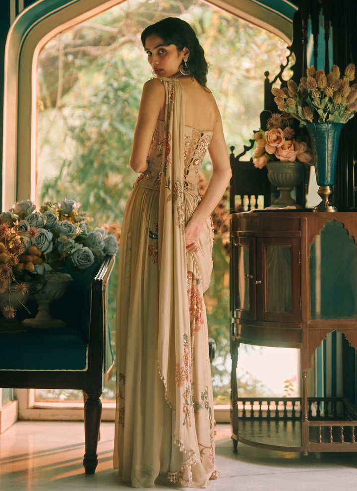 Paulmi and Harsh Ivory Printed Chiffon Pre-Draped Saree With CorsetFabilicious Fashion