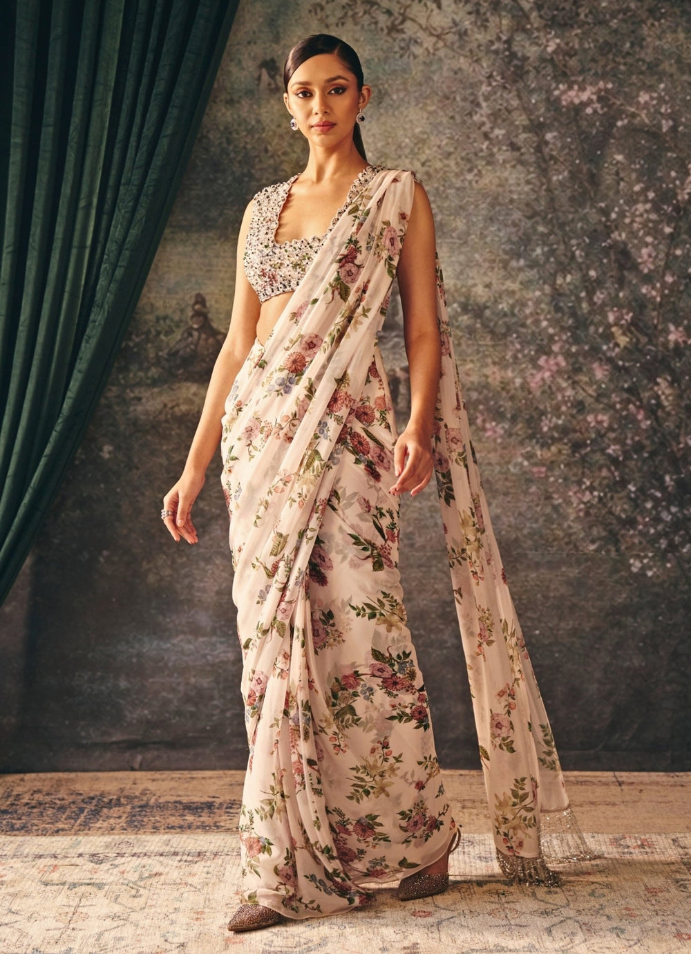 Ivory Printed Chiffon Pre - Draped Saree Mani Bhatia - Fabilicious Fashion