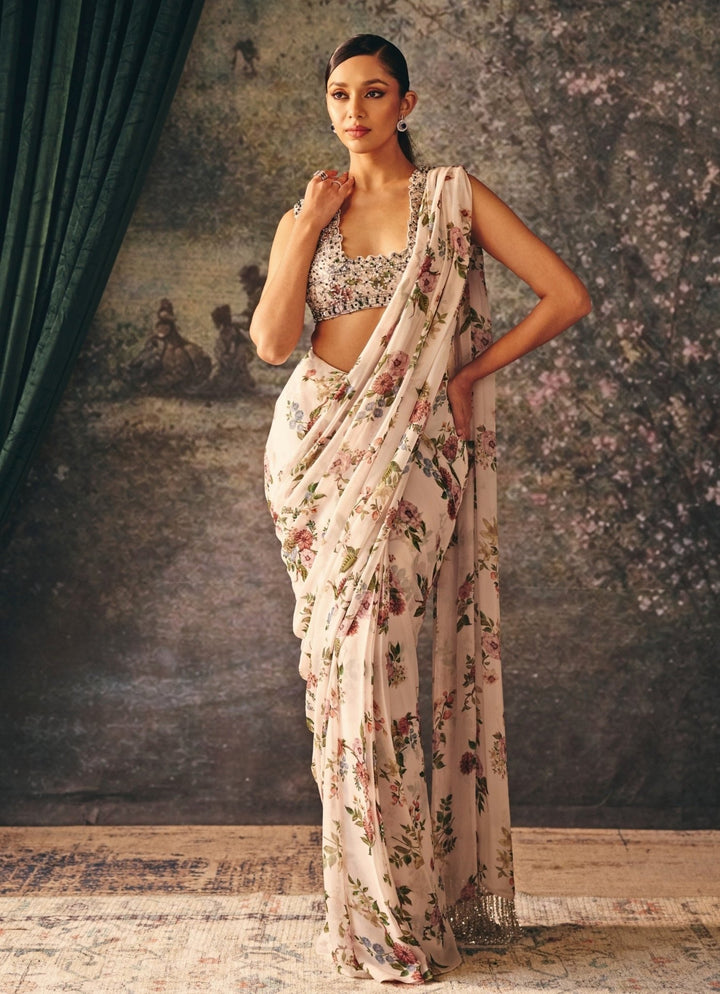 Ivory Printed Chiffon Pre - Draped Saree Mani Bhatia - Fabilicious Fashion