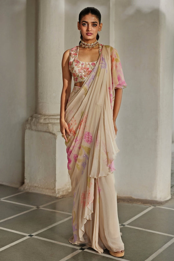 Ivory printed chiffon pre-draped saree for meeting his family
