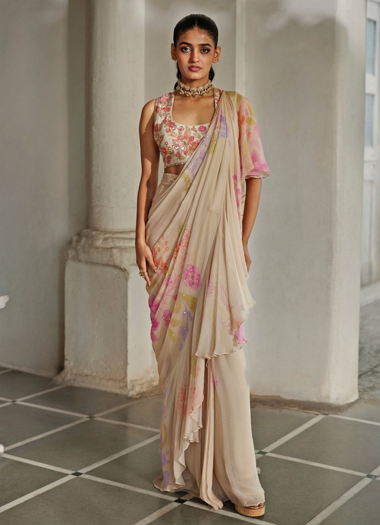 ivory printed chiffon pastel saree for reception