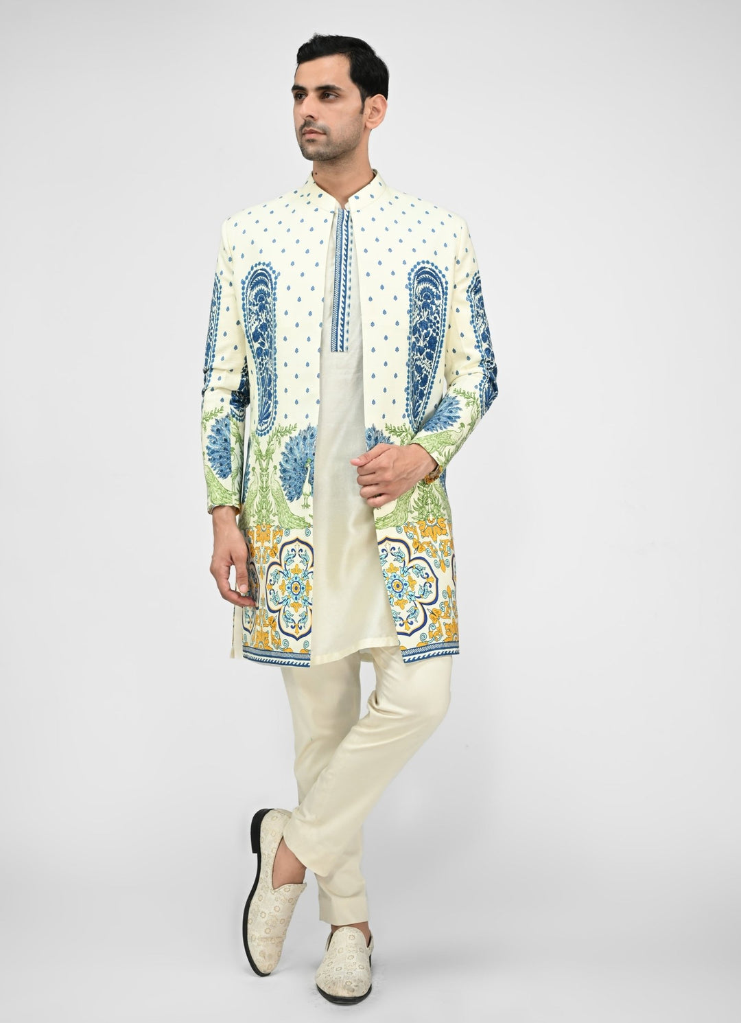 Ivory Printed Chinon Achkan Set Juhi Bengani - Men - Fabilicious Fashion