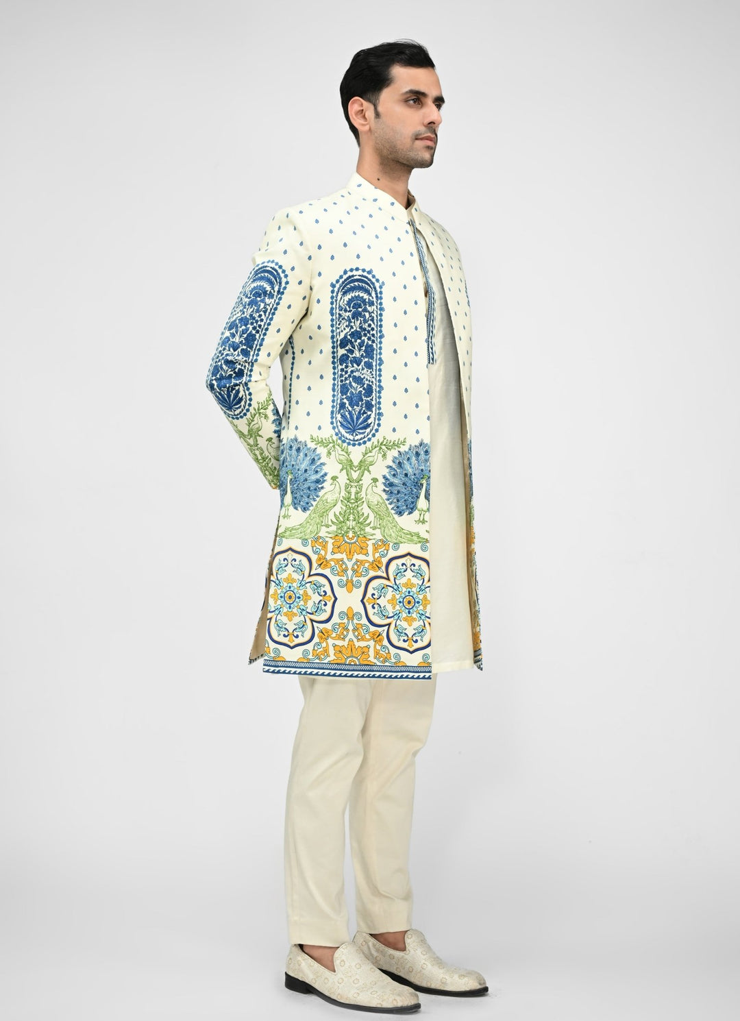 Ivory Printed Chinon Achkan Set Juhi Bengani - Men - Fabilicious Fashion