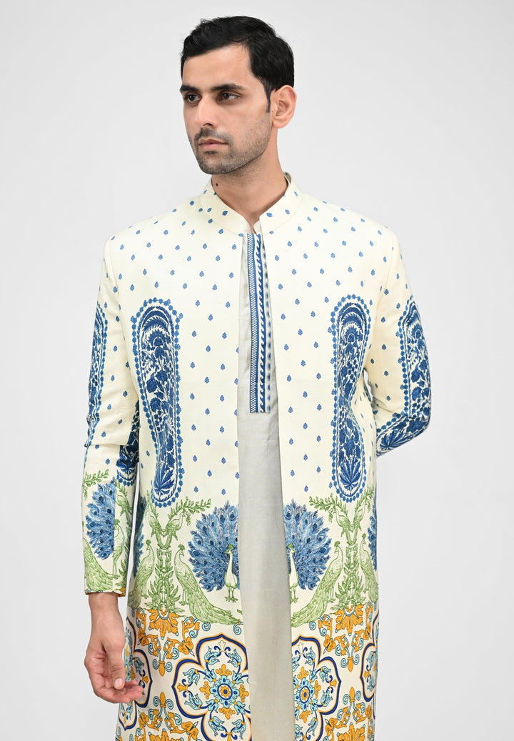 Ivory Printed Chinon Achkan Set Juhi Bengani - Men - Fabilicious Fashion