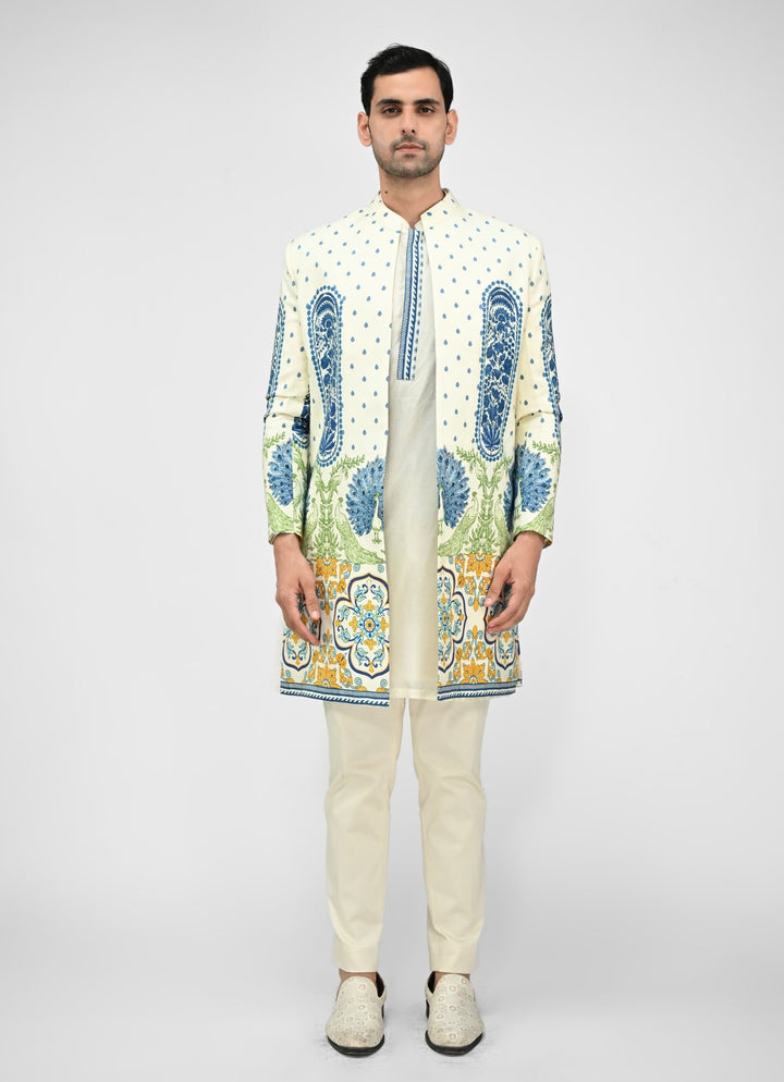 Ivory Printed Chinon Achkan Set Juhi Bengani - Men - Fabilicious Fashion