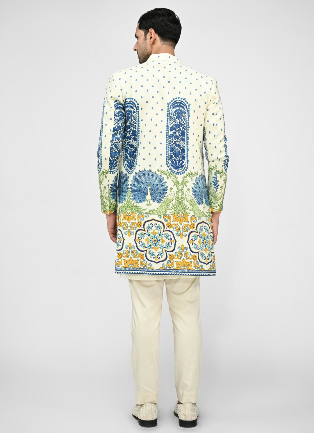 Ivory Printed Chinon Achkan Set Juhi Bengani - Men - Fabilicious Fashion