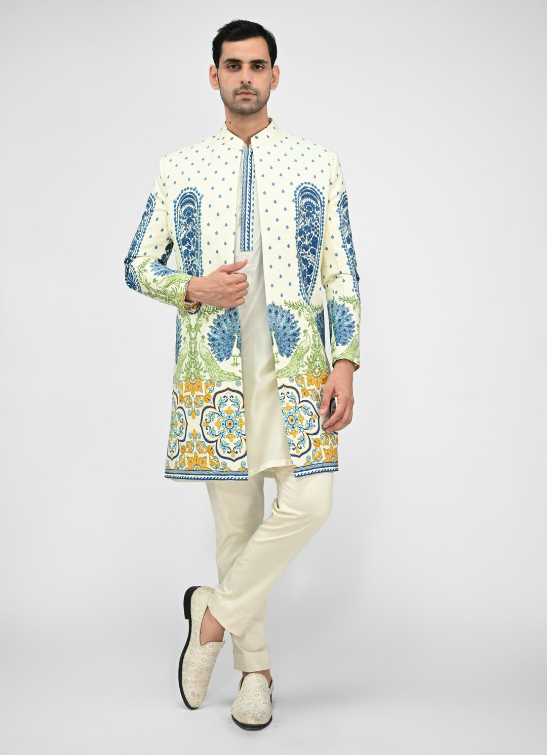 Ivory Printed Chinon Achkan Set Juhi Bengani - Men - Fabilicious Fashion