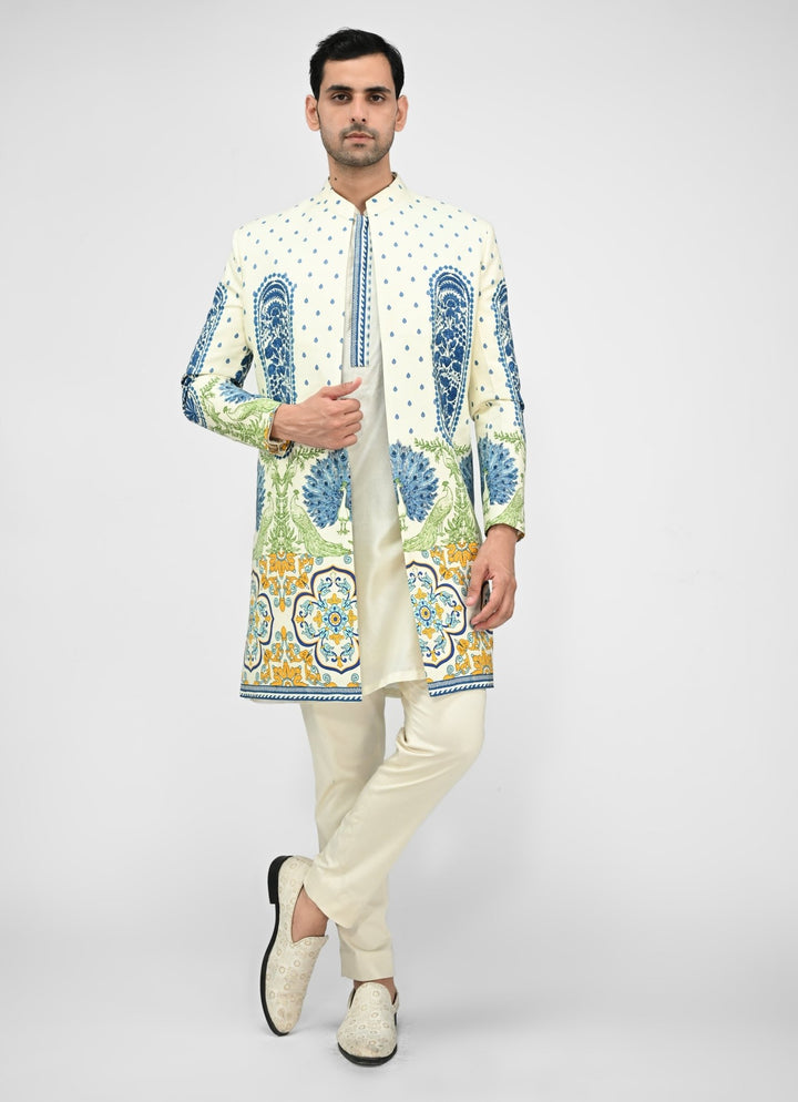 Ivory Printed Chinon Achkan Set Juhi Bengani - Men - Fabilicious Fashion