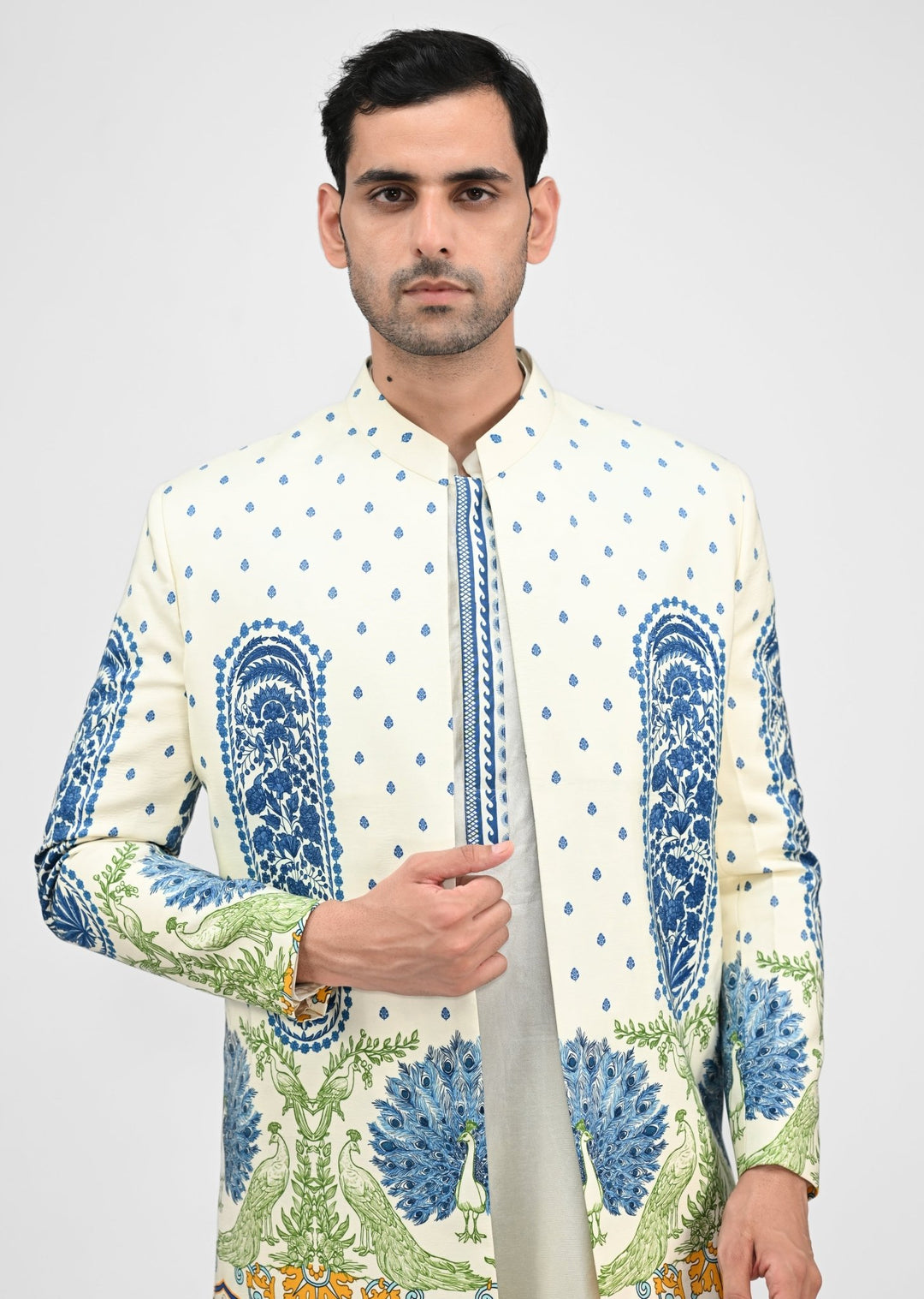 Ivory Printed Chinon Achkan Juhi Bengani - Men - Fabilicious Fashion