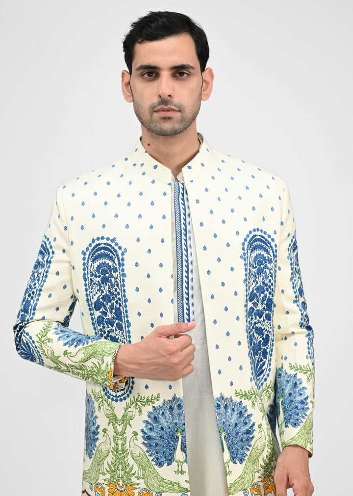 Ivory Printed Chinon Achkan Juhi Bengani - Men - Fabilicious Fashion