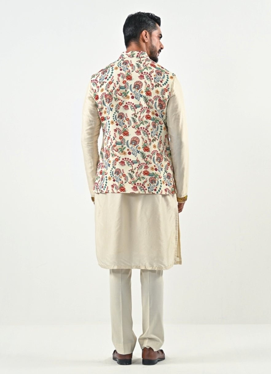 Ivory Printed Chinon Bundi with Kurta Pants Set Juhi Bengani - Men - Fabilicious Fashion