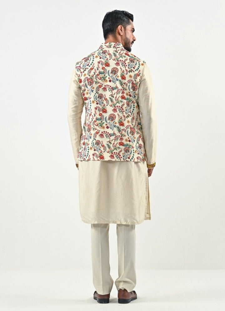Ivory Printed Chinon Bundi with Kurta Pants Set Juhi Bengani - Men - Fabilicious Fashion