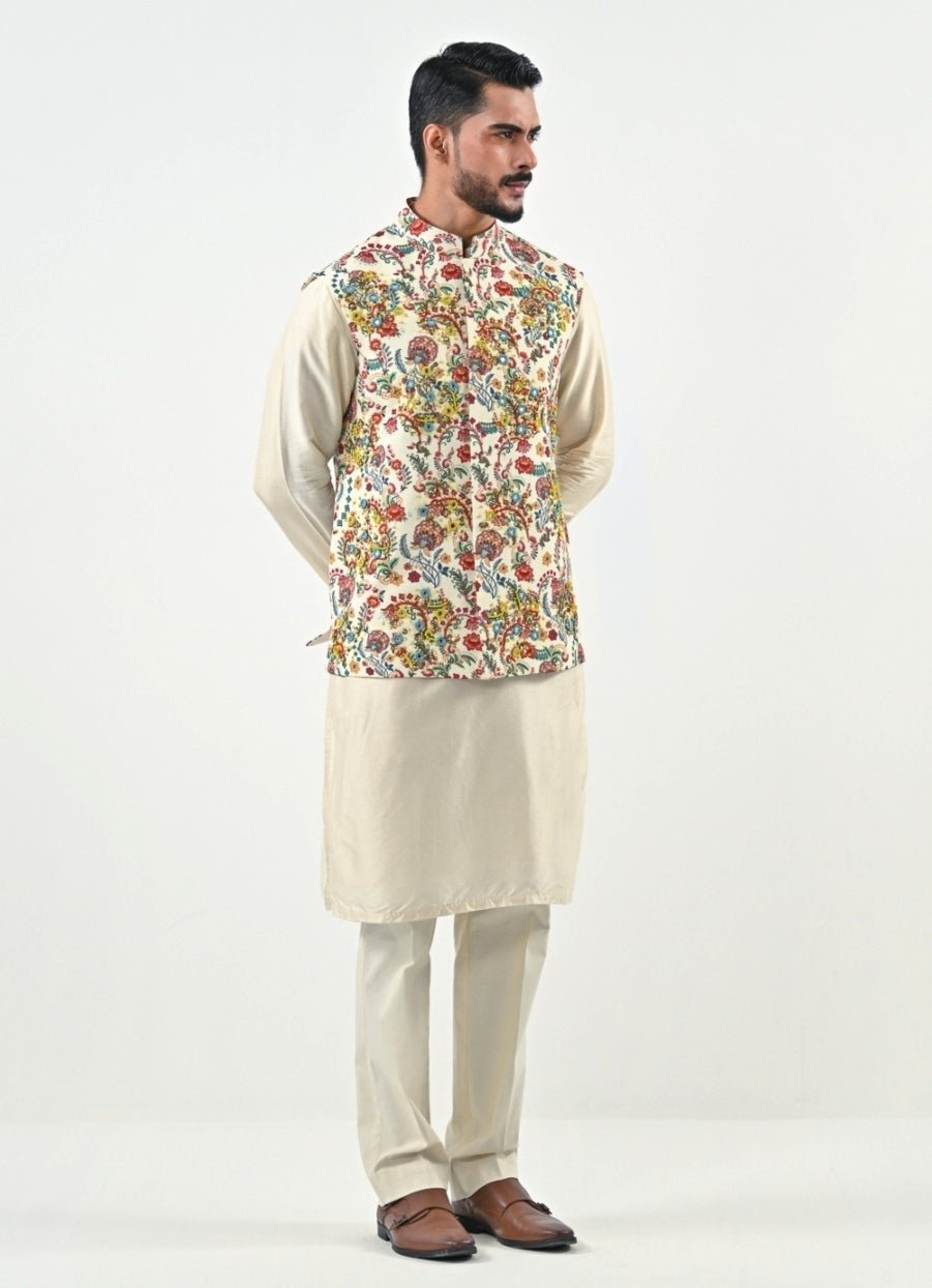 Ivory Printed Chinon Bundi with Kurta Pants Set Juhi Bengani - Men - Fabilicious Fashion