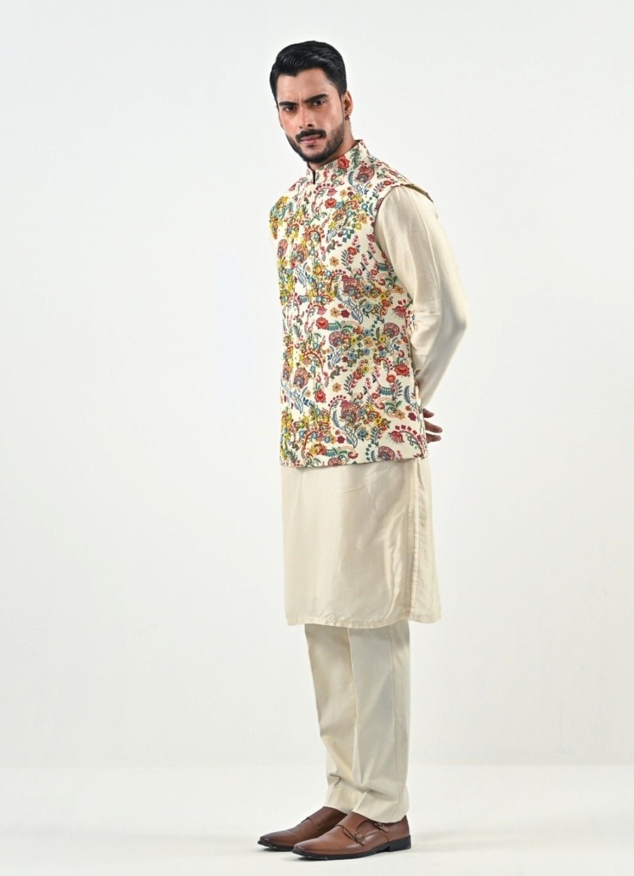 Ivory Printed Chinon Bundi with Kurta Pants Set Juhi Bengani - Men - Fabilicious Fashion