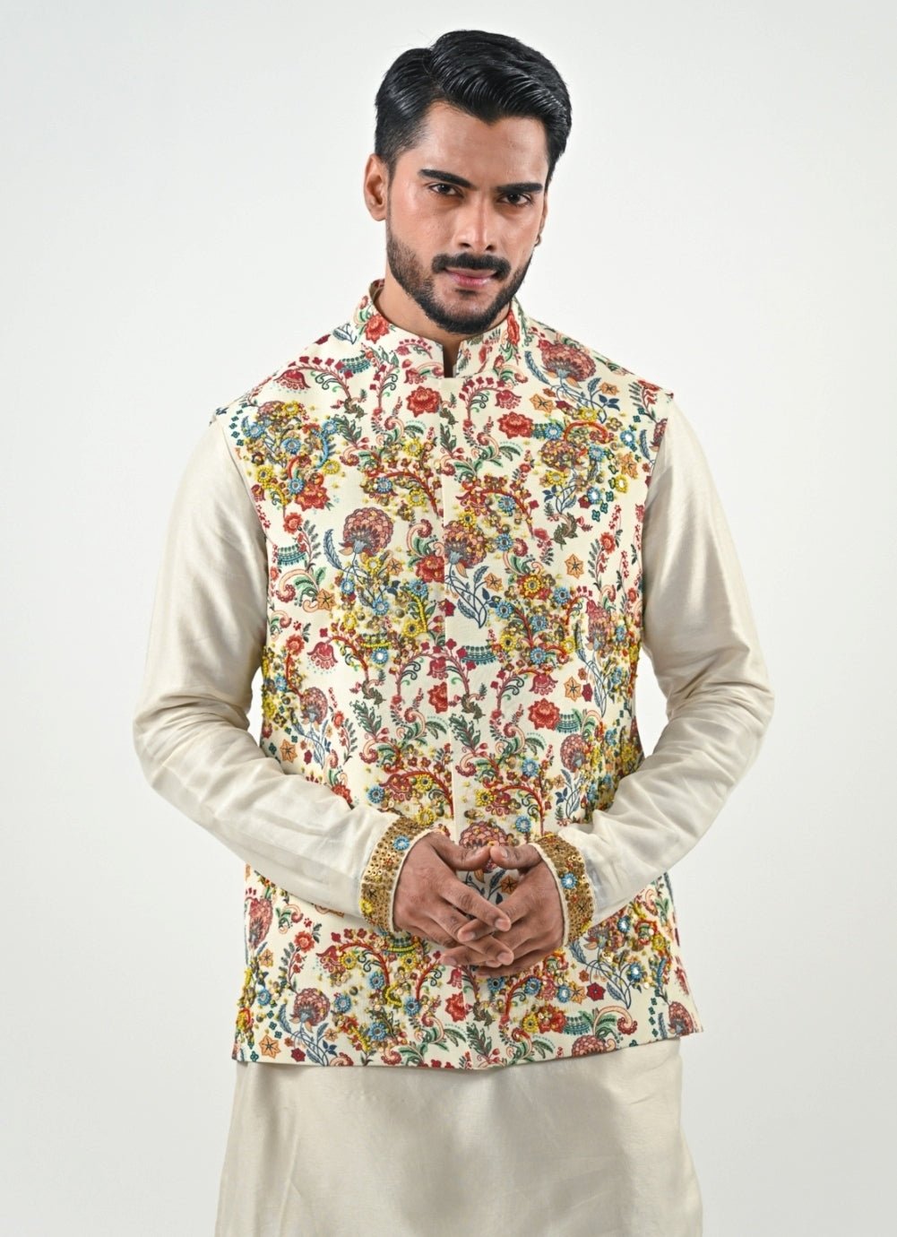 Ivory Printed Chinon Bundi with Kurta Pants Set Juhi Bengani - Men - Fabilicious Fashion
