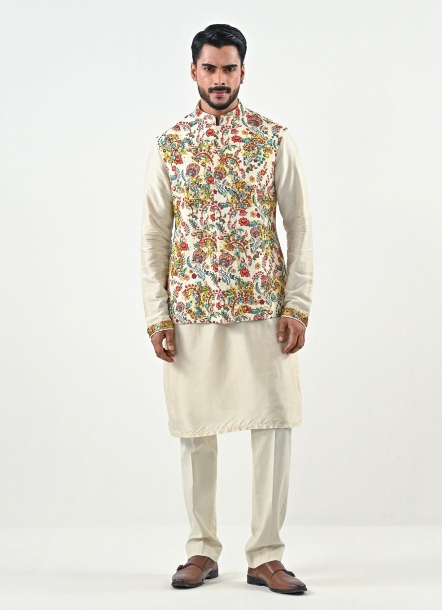 Ivory Printed Chinon Bundi with Kurta Pants Set Juhi Bengani - Men - Fabilicious Fashion
