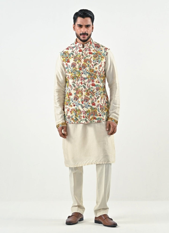 Ivory Printed Chinon Bundi with Kurta Pants Set Juhi Bengani - Men - Fabilicious Fashion