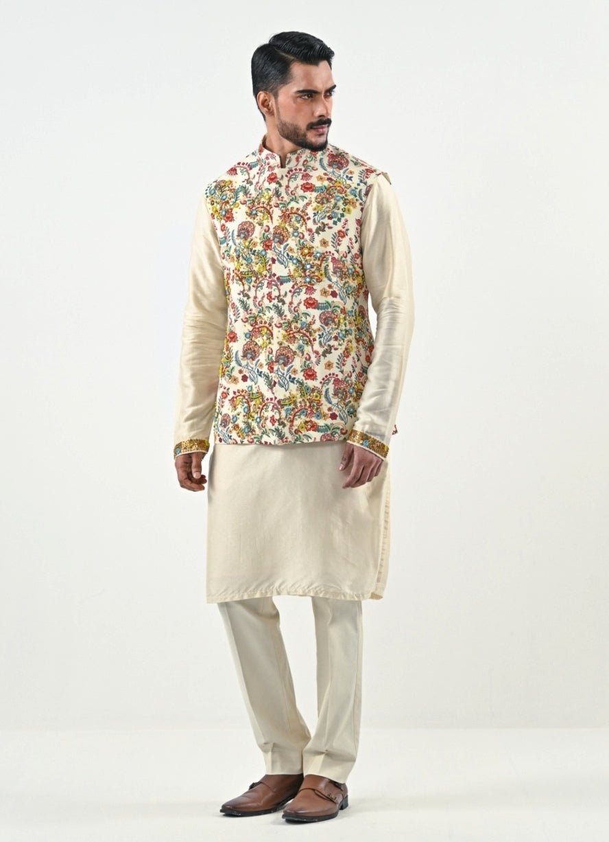 Ivory Printed Chinon Bundi with Kurta Pants Set Juhi Bengani - Men - Fabilicious Fashion