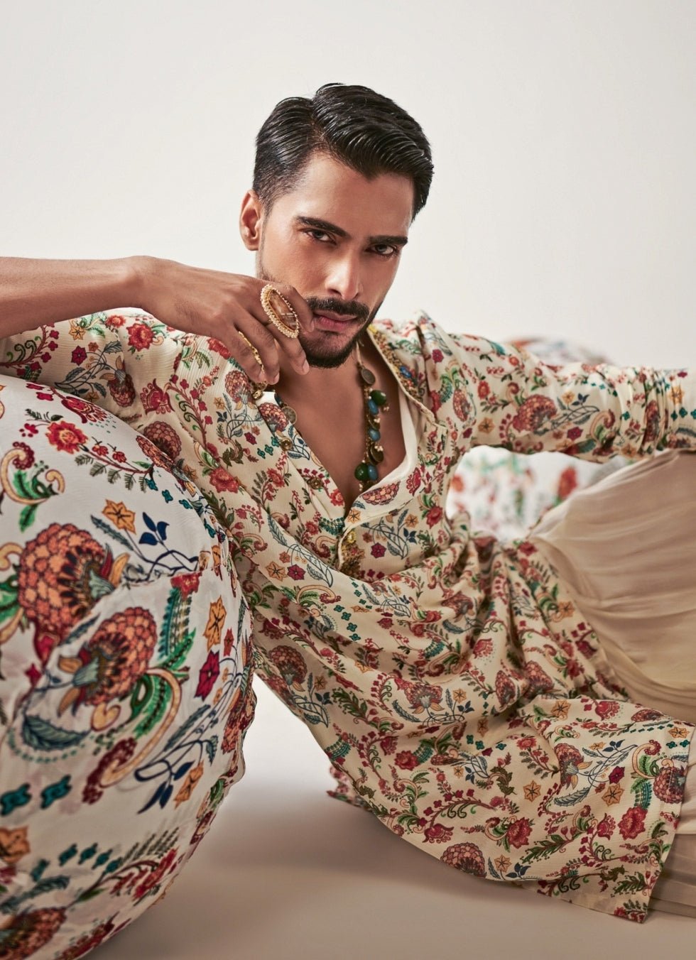 Ivory Printed Chinon Kurta with Cowl Pants Juhi Bengani - Men - Fabilicious Fashion