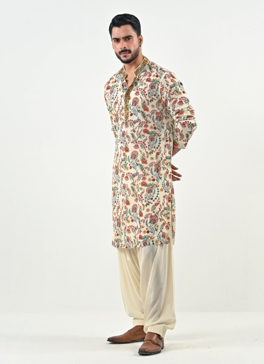 Ivory Printed Chinon Kurta with Cowl Pants Juhi Bengani - Men - Fabilicious Fashion