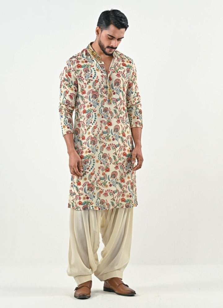 Ivory Printed Chinon Kurta with Cowl Pants Juhi Bengani - Men - Fabilicious Fashion