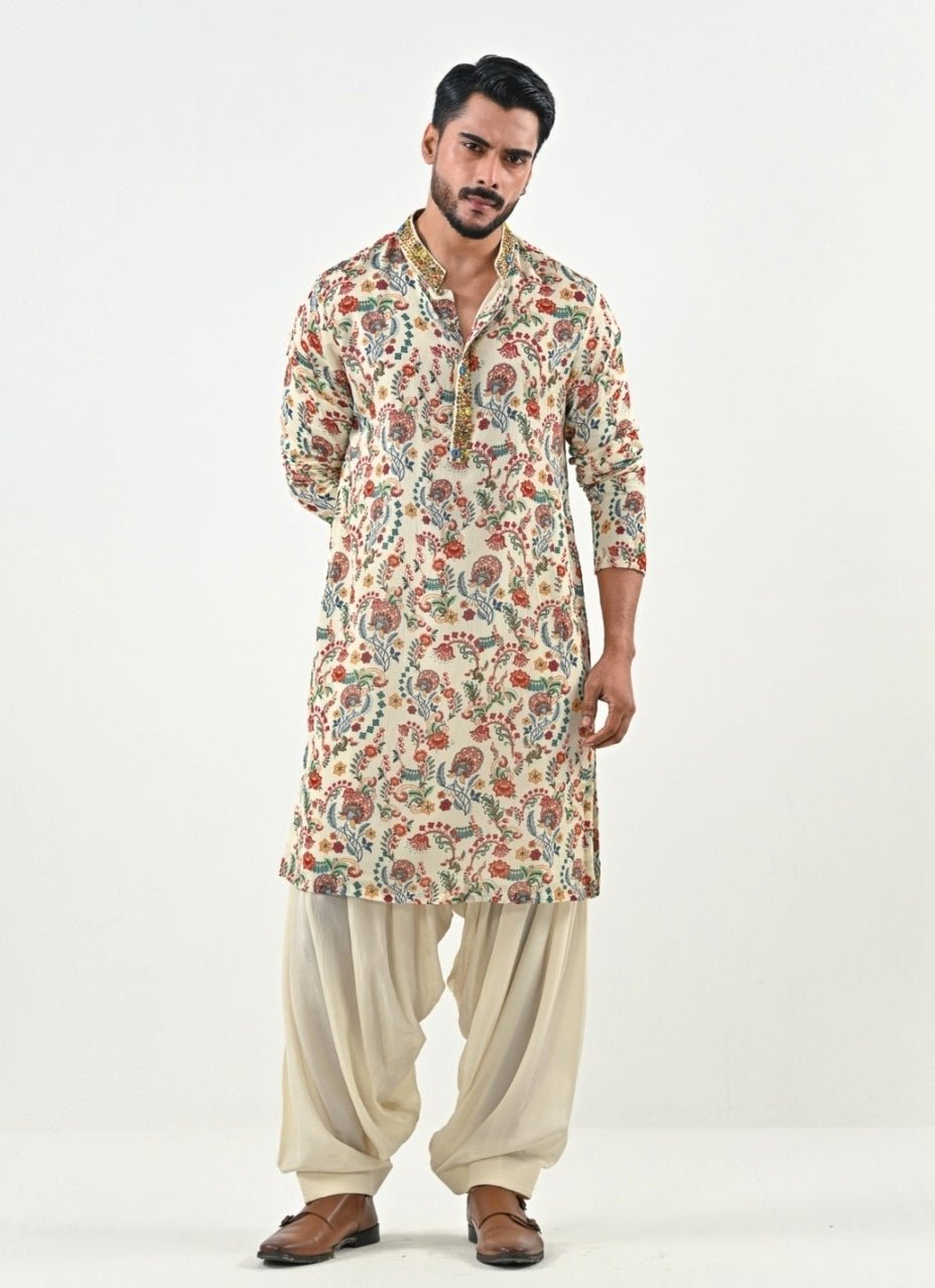 Ivory Printed Chinon Kurta with Cowl Pants Juhi Bengani - Men - Fabilicious Fashion