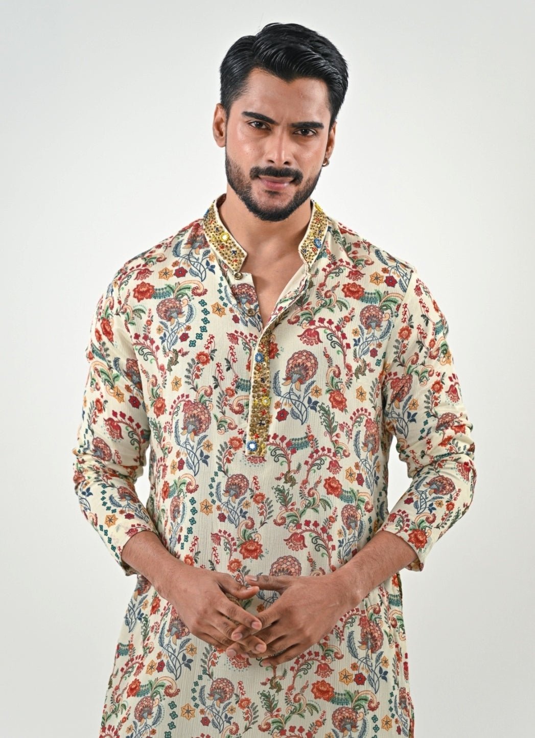 Ivory Printed Chinon Kurta with Cowl Pants Juhi Bengani - Men - Fabilicious Fashion
