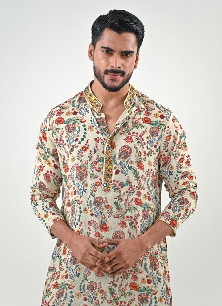 Ivory Printed Chinon Kurta with Cowl Pants Juhi Bengani - Men - Fabilicious Fashion