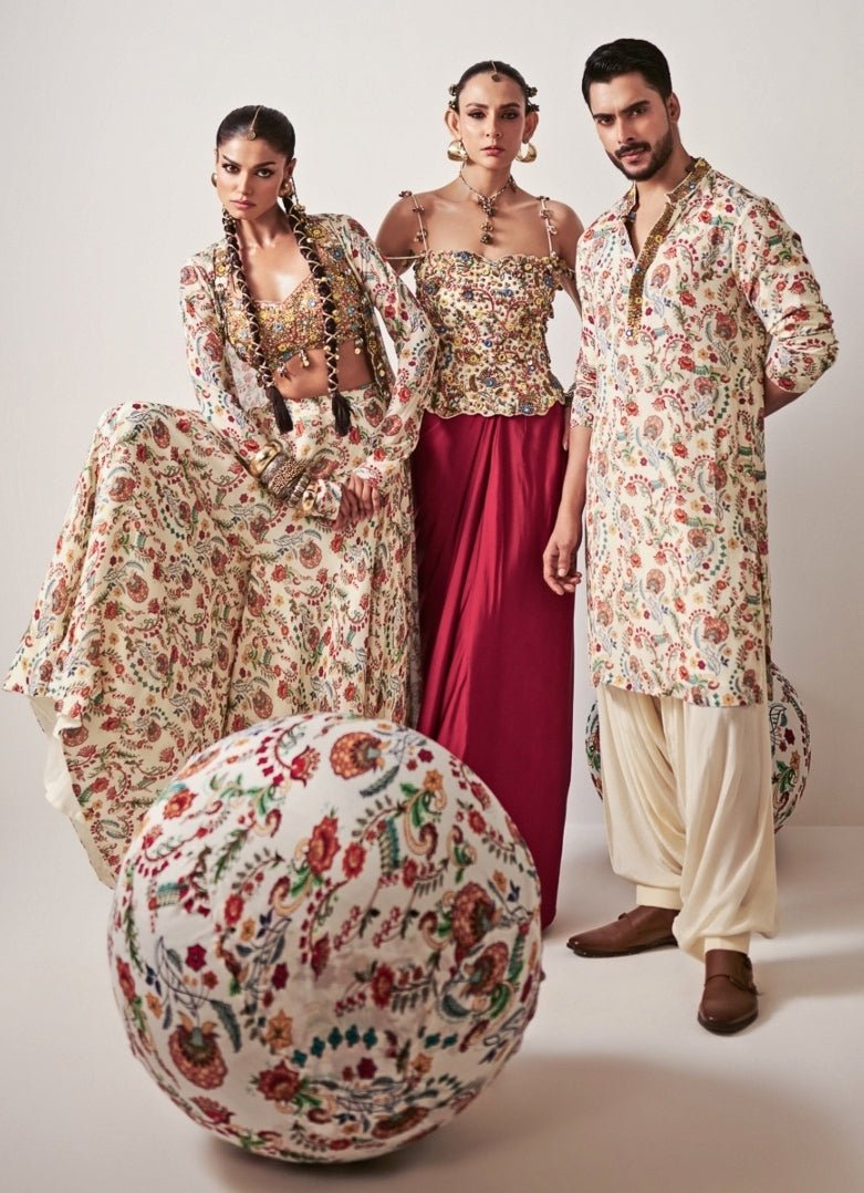 Ivory Printed Chinon Kurta with Cowl Pants Juhi Bengani - Men - Fabilicious Fashion