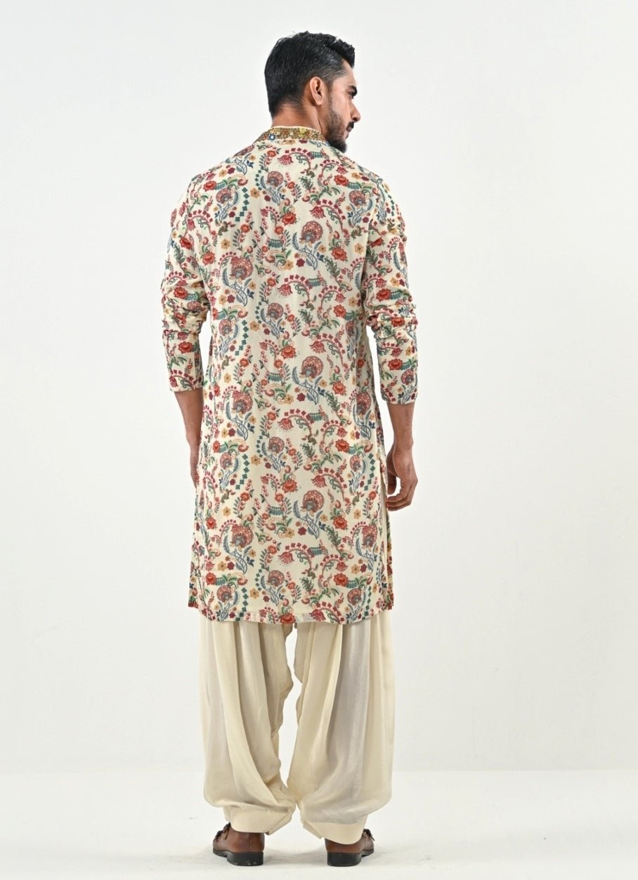 Ivory Printed Chinon Kurta with Cowl Pants Juhi Bengani - Men - Fabilicious Fashion