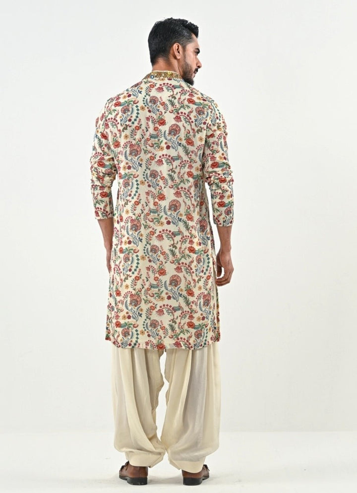 Ivory Printed Chinon Kurta with Cowl Pants Juhi Bengani - Men - Fabilicious Fashion