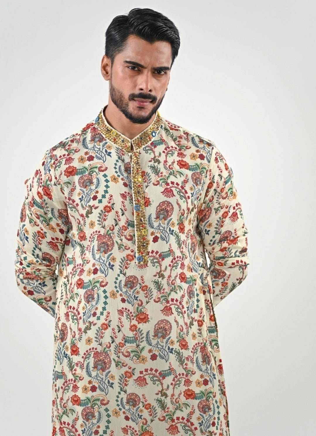 Ivory Printed Chinon Kurta with Cowl Pants Juhi Bengani - Men - Fabilicious Fashion