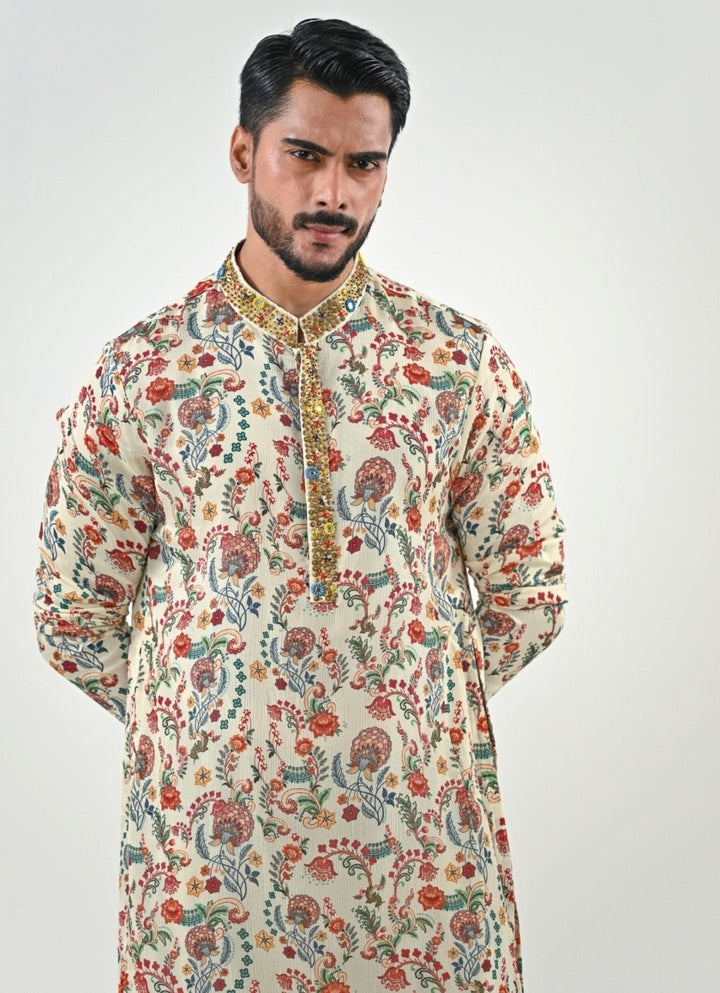 Ivory Printed Chinon Kurta with Cowl Pants Juhi Bengani - Men - Fabilicious Fashion