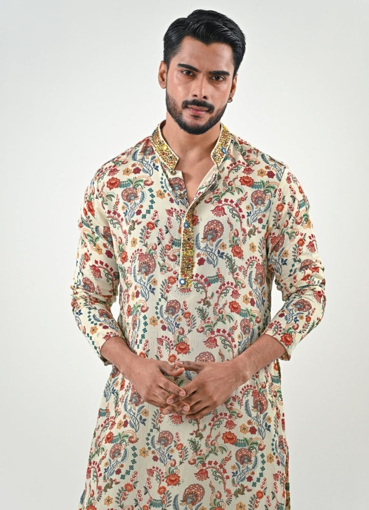 Ivory Printed Chinon Kurta with Cowl Pants Juhi Bengani - Men - Fabilicious Fashion