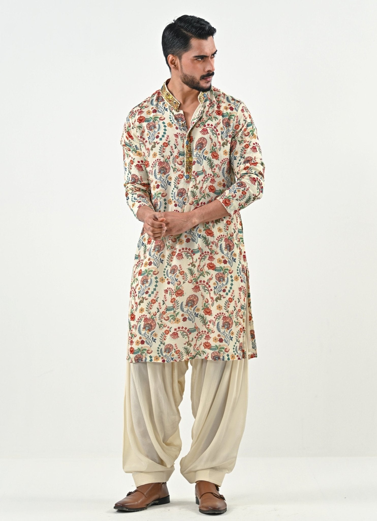 Ivory printed chinon kurta set — modern mens festive wear