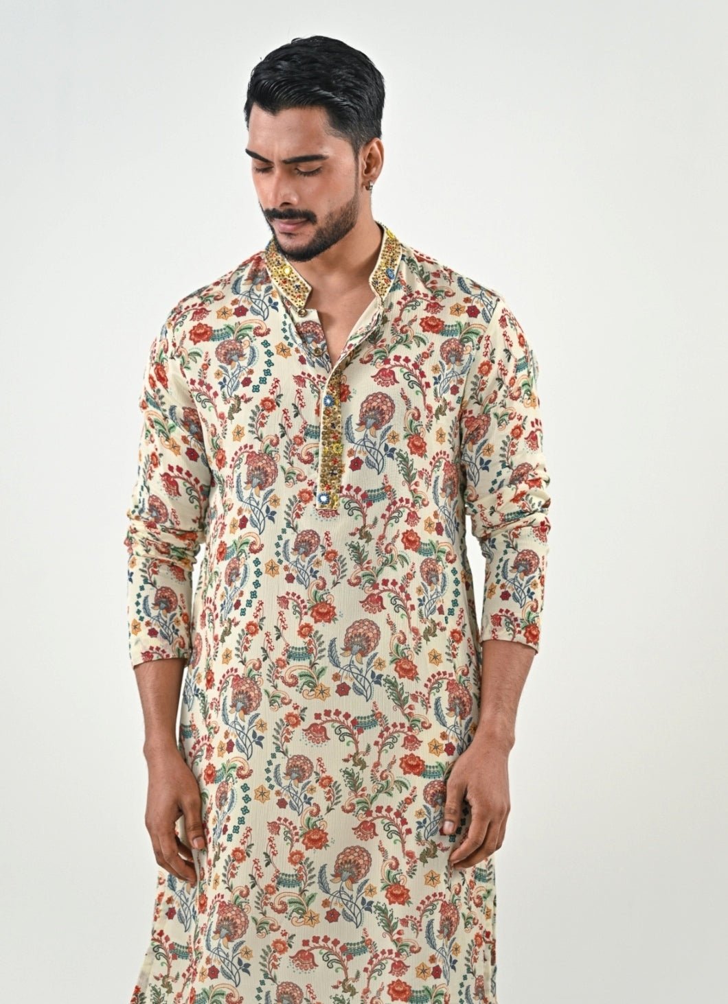 Ivory Printed Chinon Kurta with Cowl Pants Juhi Bengani - Men - Fabilicious Fashion