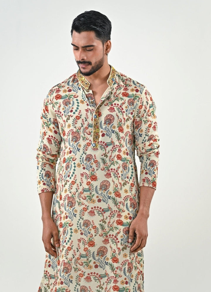 Ivory Printed Chinon Kurta with Cowl Pants Juhi Bengani - Men - Fabilicious Fashion