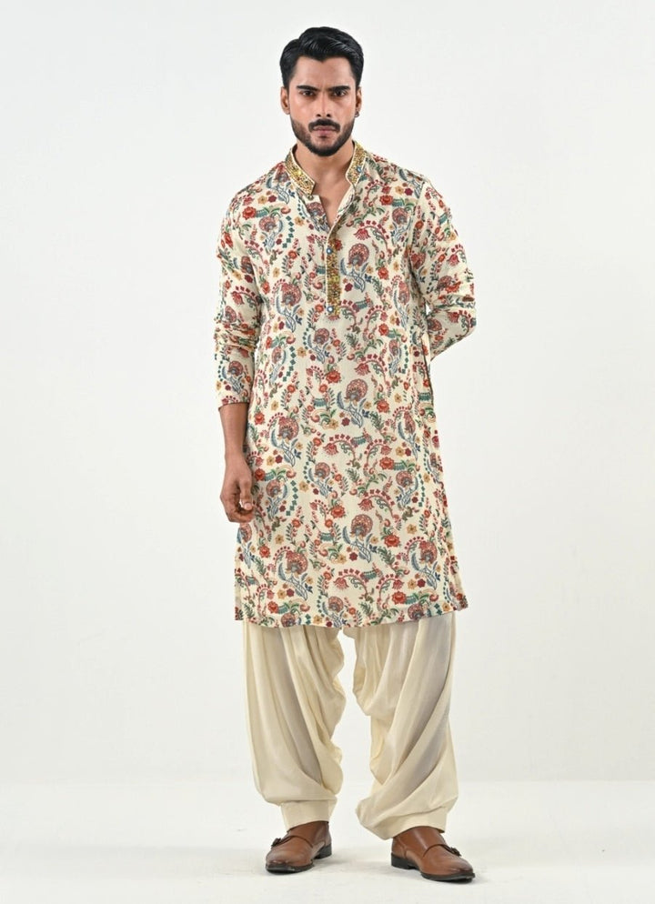 Ivory Printed Chinon Kurta with Cowl Pants Juhi Bengani - Men - Fabilicious Fashion